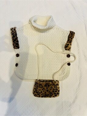Like new White Turtleneck Knit Cape with Leopard Trim and matching pouch